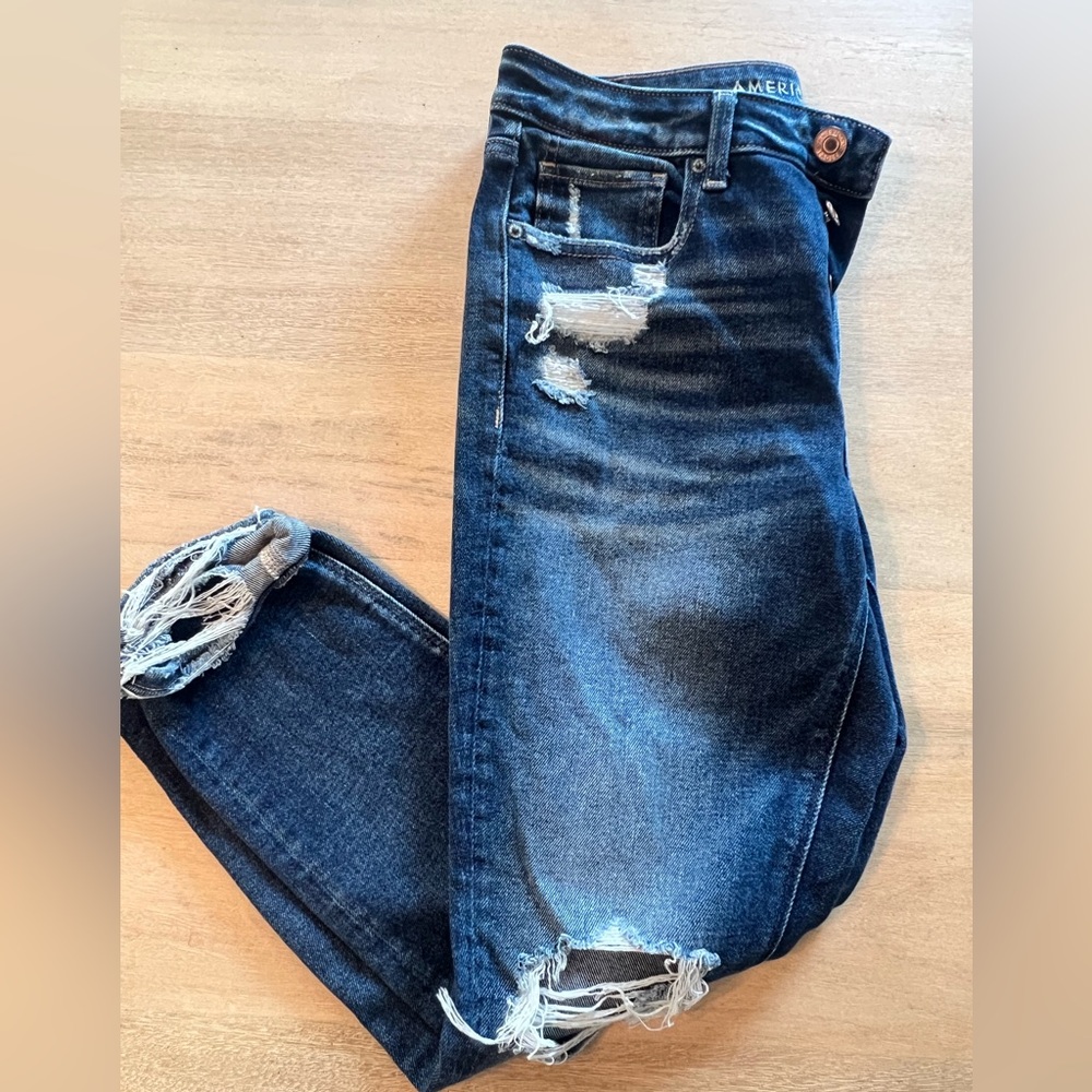 American Eagle Outfitters Blue Ankle Cropped Jeans with Distressed Details